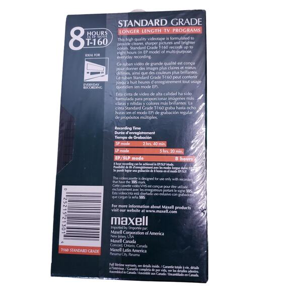 Maxell T-160 VHS Blank Tape 8 Hour Standard Grade Video Cassette NEW Sealed - Picture 2 of 2